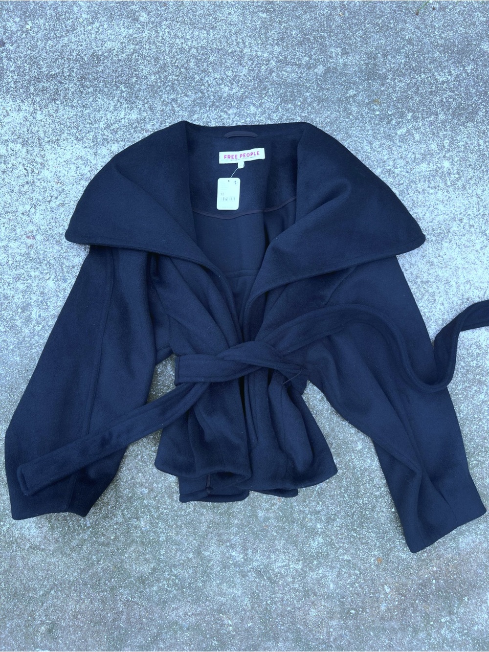 NWT Free People Mina Jacket Navy Oversized Shawl Collar Tie Belt Coat Size M